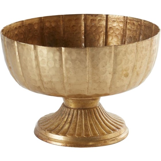 Distressed Gold Metal Pedestal Bowl | Gold Pedestal Floral Vessel | Metal Vase | Indoor/Outdoor Decorative Pedestal Vessel Suitable for Various Events