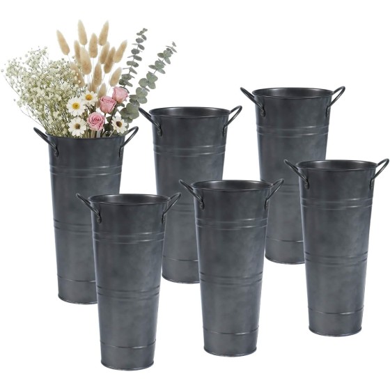 9-Inch Galvanized Flower Bucket, 6-Piece Set for Dried Flowers | Tabletop galvanized flower bucket with handle—perfect for dried flower arrangements, weddings, table decor, and farmhouse-style settings.