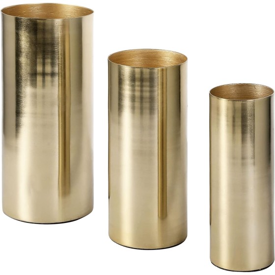 Modern-style tall cylindrical metal vase in a brass finish (for centerpieces), 3-piece set—includes large, medium, and small sizes.
