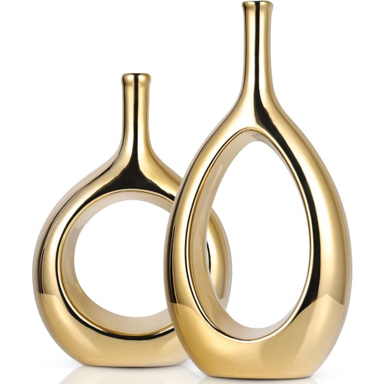 Glossy Gold Ceramic Vase – Home Decor; Modern Minimalist Cut-Out Ring Vase; Oval Open-Center Decorative Vase; Suitable for Bookshelves, Mantels, Tabletops, and Farmhouse/Rustic Style Decor