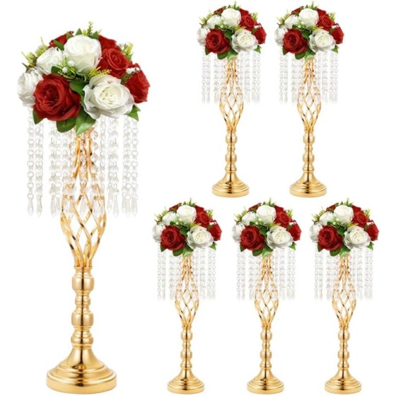 6-Piece Set 21.65-Inch Gold Wedding Floral Centerpieces – Crystal and Metal Vases (Suitable for Wedding Table Decor)