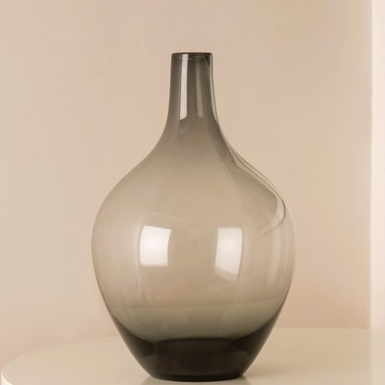 Large Grey Glass Floor Vase | Smoked Black Glass Vase for Living Room Floor Decor, Large Decorative Piece, 15 Inches Tall, Wide-Bellied Shape