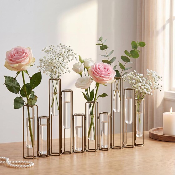 10-Piece Hinged Vase/Test Tube Vase Set — Gold metal stand with glass test tubes; foldable design; suitable for hydroponic flowers, wedding table centerpieces, and home or office décor.
