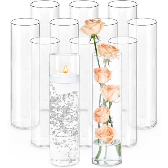 Set of 12 Clear Cylindrical Glass Vases, 12 Inches (Ideal for Tabletop Centerpieces) | Tall Vases for Weddings and Home Decor; Also Suitable as Floating Candle Holders (Wind-Resistant) for Tables or Shelves
