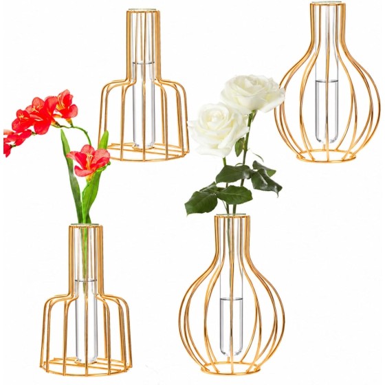 4-Piece Gold Vase Set – Small plastic test-tube vases with metal stands; suitable for pampas grass, weddings, table centerpieces, and living room decor; can also be used as propagation vessels for hydroponic plants.