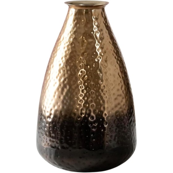 12-inch decorative metal vase featuring an ombre-style hammered finish in an antiqued bronze tone.