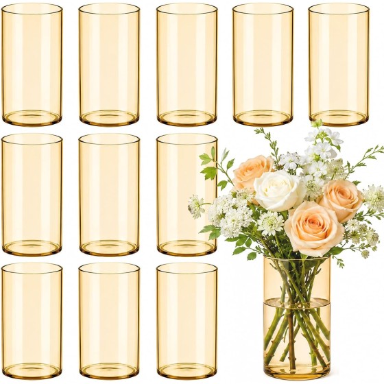 Set of 12: 6-Inch Golden Amber Cylindrical Glass Vases (Ideal as Table Centerpieces) | Suitable for Weddings, Home Decor, and Parties; Can Also Serve as Windproof Floating Candle Holders for Tabletops or Shelves