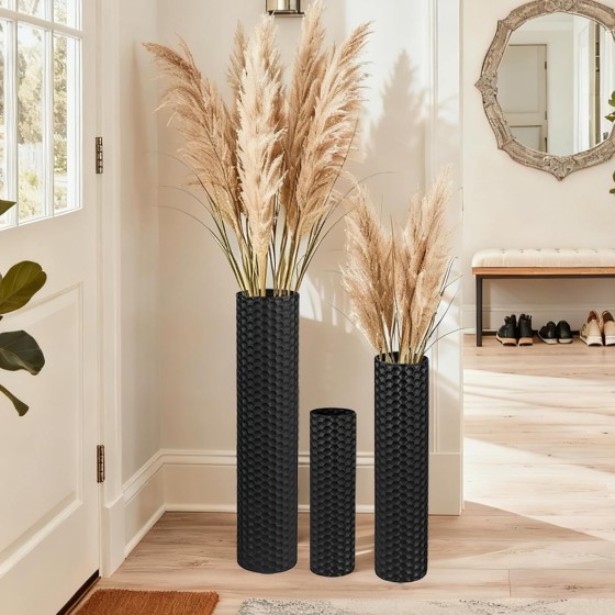 Tall Black Floor Vase – 3-Piece Set of Large Decorative Metal Vases | 27.6-Inch Modern Cylindrical Floor Vase with Honeycomb Texture – Ideal for Living Room, Entryway, Dining Room, Bedroom, and Pampas Grass Display