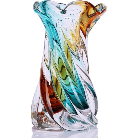 Hand-blown glass vase with a wide mouth and gradient coloring; a unique decorative art glass vase suitable for living room coffee tables, dining tables, offices, bookshelves, TV consoles, and entryway tables.