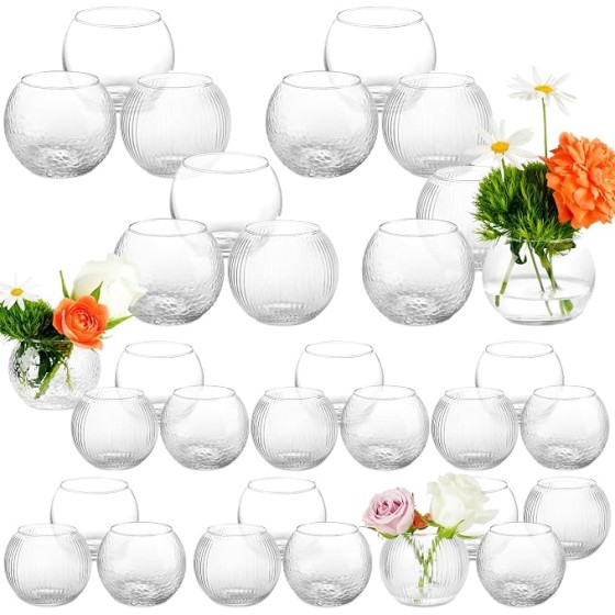 32-Piece Set of Glass Bubble Vases: Small, Clear Bud Vases for Table Decor | Round Mini Bubble Bowls and Candle Holders for Weddings and Home Decoration