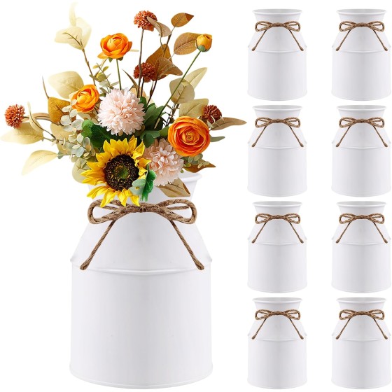 8-Piece Galvanized Metal Vase Set – 5.12-Inch Rustic Farmhouse-Style Milk Can/Pitcher Vases (with Jute Twine Bows) – Ideal for Wedding Table Centerpieces and Home Dining Decor