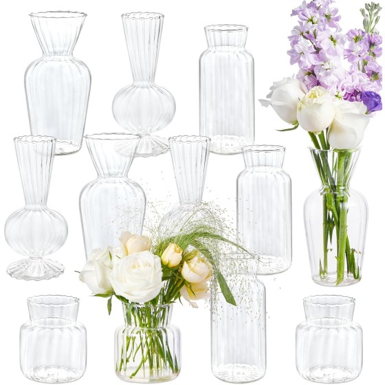 12-Piece Ribbed Glass Bud Vase Set – 4 Styles of Clear Mini Vases | Bulk Pack, Roman Column-Style Vertical Ribbed Design – Ideal for Weddings, Home Decor, Table Centerpieces, and Parties