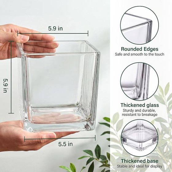 4-Piece Square Glass Vase Set (6 x 6 x 6 inches), Clear Decorative Floral Vase | Suitable for Plant Terrariums or Floating Decorations