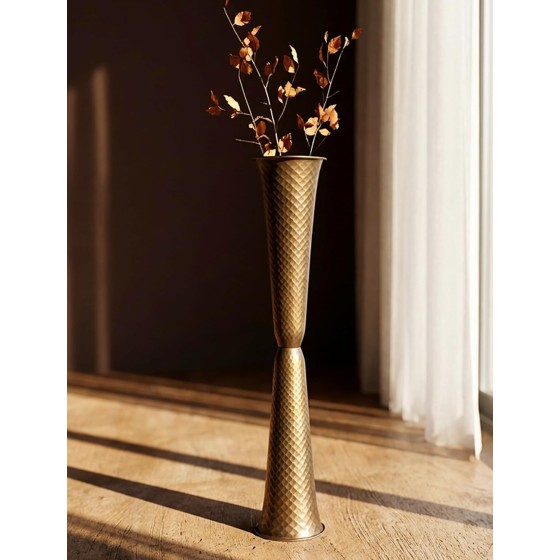 Tall Gold Floor Vase: Vintage Metal Vase (with Lattice Texture) | 29.5-Inch Large Bronze-Tone Floor Vase, Brass Construction with Slender-Waist Design; Suitable for Living Rooms, Fireplaces, Dining Rooms, Bedrooms, and Home Decor