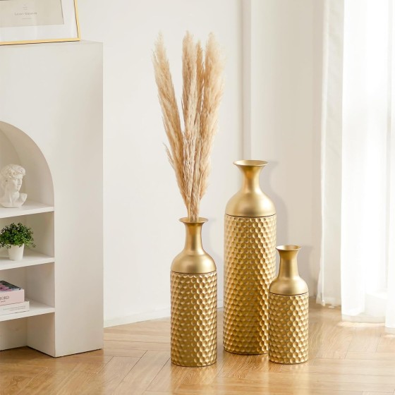 Tall Gold Floor Vase, Decorative Metal Floor Vase (27-Inch, 3-Piece Set) | Large Modern Honeycomb-Textured Standing Vase for Living Room, Dining Room, Bedroom, Home Corners, Entryway, Indoor Spaces, and Office