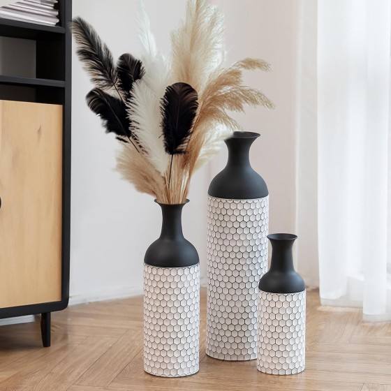 Honeycomb-Textured Metal Floor Vase Set (3-Piece) | Black and White; Heights: 27, 20, and 16 Inches; Large Decorative Vases Suitable for Home, Living Room, Dining Room, Bedroom, Entryway, and Office