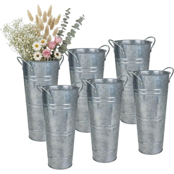 9-Inch Galvanized Flower Bucket (Set of 6) – Tabletop Vase for Dried Flowers | Galvanized tabletop flower bucket with handles; ideal for dried flowers, weddings, table centerpieces, and rustic-style decor.