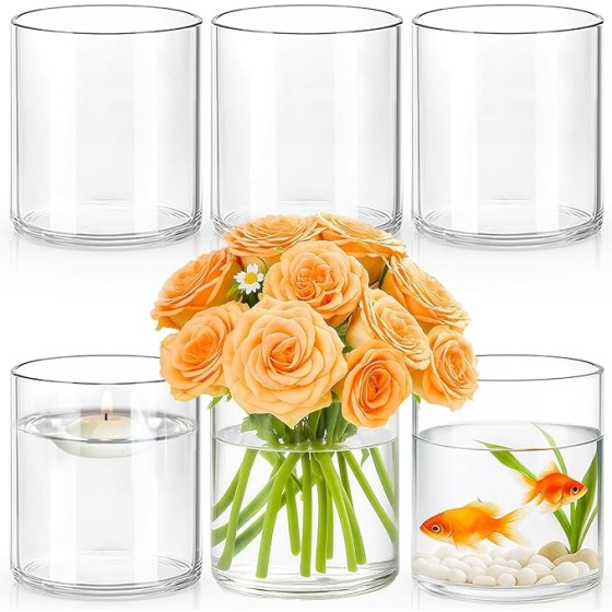 Set of 6 Clear Cylindrical Glass Vases (6 x 4.7 inches) – Ideal for Tabletop Centerpieces | Wide-Mouth Vases Suitable for Weddings and Home Decor; Can Also Serve as Holders for Floating Candles (Wind-Protected); Includes 2 Rolls of Floral Tape