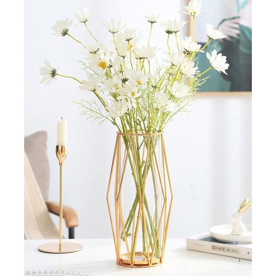 11-Inch Tall Gold Vase with Premium Metal Stand | Modern Boho Large Clear Vase for Home Decor, Living Room, or Wedding Centerpiece; Suitable for Dining Tables, Mantels, or Entryways
