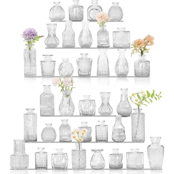 36-Piece Vintage Mini Glass Vase Set – Clear, Assorted Cute Shapes