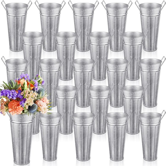 9-Inch Galvanized Metal Flower Vase/Bucket (Pack of 24), Matte Silver | Galvanized Metal Bucket with Handle – Rustic Style Design Suitable for Dried Flowers, Weddings, Farmhouse and Home Decor