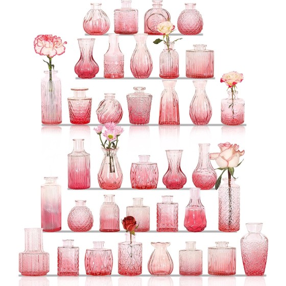 36-Piece Pink Mini Vase Set – Vintage-style glass bottles featuring various cute shapes and designs; perfect for rustic wedding table centerpieces and home décor (Pink).