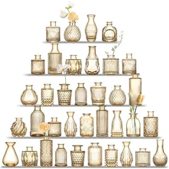 Gold Glass Bud Vases (Set of 36) — Mini vases for table centerpieces, small amber vases for wedding decor, and vintage-style vases suitable for dining tables, receptions, and home decoration.