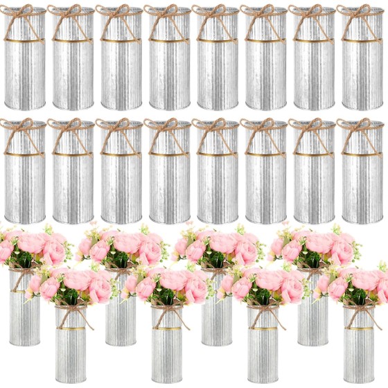 16-Piece Set 7.48-Inch Wedding Table Vases (Mason Jar Style) with Twine Bows – Galvanized Metal Vases, Rustic Vintage Farmhouse Style Tin Buckets for Wedding and Home Tabletop Decor (Silver)