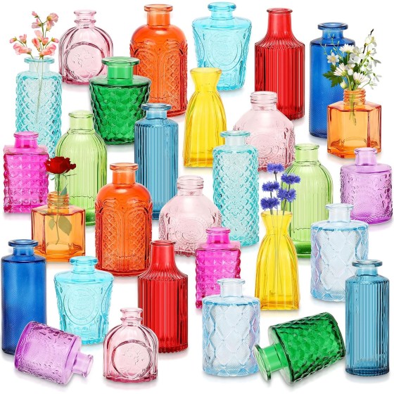 30-Piece Colored Glass Vase Set (Narrow-Neck/Bud Vases) — Vintage style, vibrant colors, and embossed textures; suitable for home décor, wedding table settings, and gifting (Bright Color Palette)