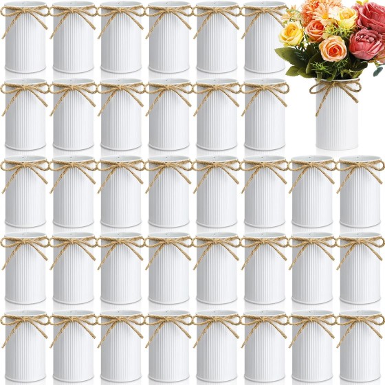 4.33-Inch Mini Vase (White, Pack of 36) – Wedding Table Decor | Ribbed metal texture, jute twine bow accent, compact and rounded shape; available in various colors and sizes, perfect for dried flowers and greenery.