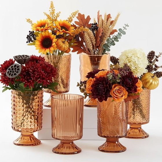 6-Piece Set (7" Tall, 4" Wide) Amber Embossed-Pattern Stemmed Glass Vases | Thick-Based Vintage-Style Crystal Vases (Autumn Aesthetic) – Suitable for Weddings, Fall-Themed Parties, Home Decor, Table Centerpieces, and Housewarming Gifts