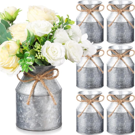 6-Piece Set of 5.12-Inch Farmhouse-Style Metal Vases (Iron/Vintage Galvanized Milk Can Design) with Bow Decoration – Suitable for Weddings, Valentine's Day, and Home Tabletop Decor