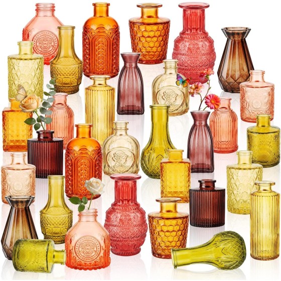 32-Piece Vintage-Style Small Bud Vase Set (Assorted Designs) – Bulk Colored Glass Vases for Table Centerpieces, Wedding Table Decor, Home Decoration, and Gifts (Amber Series)