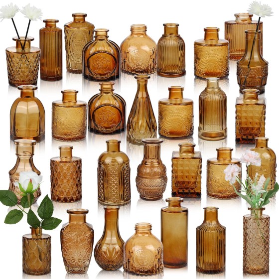 30-Piece Amber Glass Bud Vase Set (Bulk Pack) — Vintage-Style Mini Vases for Table Centerpieces, Home Decor, and Wedding Decorations