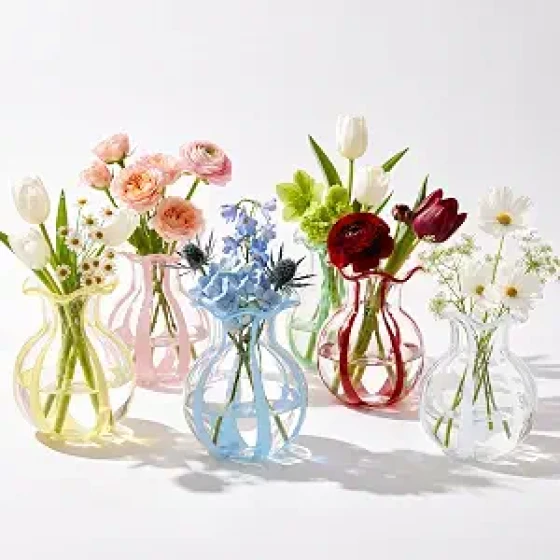 Set of 6 Small Vases (4.5-inch, Hand-Blown Glass) with Ruffled Ribbon Detail | Hand-painted ribbon design; suitable for floral arrangements (buds, single stems) or standalone display; features a thickened base; ideal for weddings.