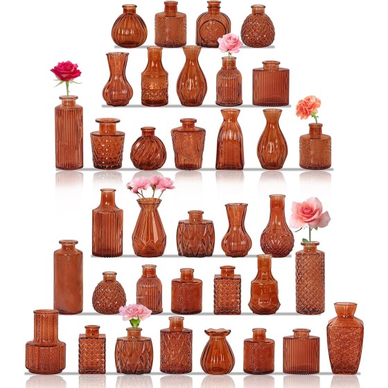36-Piece Mini Vintage Glass Vase Set – Assorted Shapes, Cute Glass Vases – Ideal for Rustic Wedding Centerpieces, Table Decor, and Home Decoration (Dark Amber)