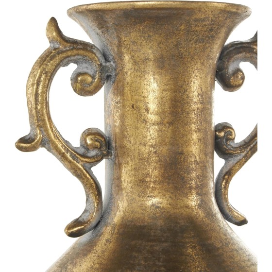 Decorative Metal Vase – Vintage-style, distressed-finish vase featuring twin handles (scrolled/foliate design); suitable for home décor; dimensions: 6 x 6 x 14 inches; gold.
