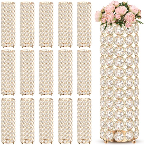 16-Piece Crystal Vase Set (10.24 Inches, Gold) — Tabletop Vases for Wedding Centerpieces, Home Decor, and Various Parties